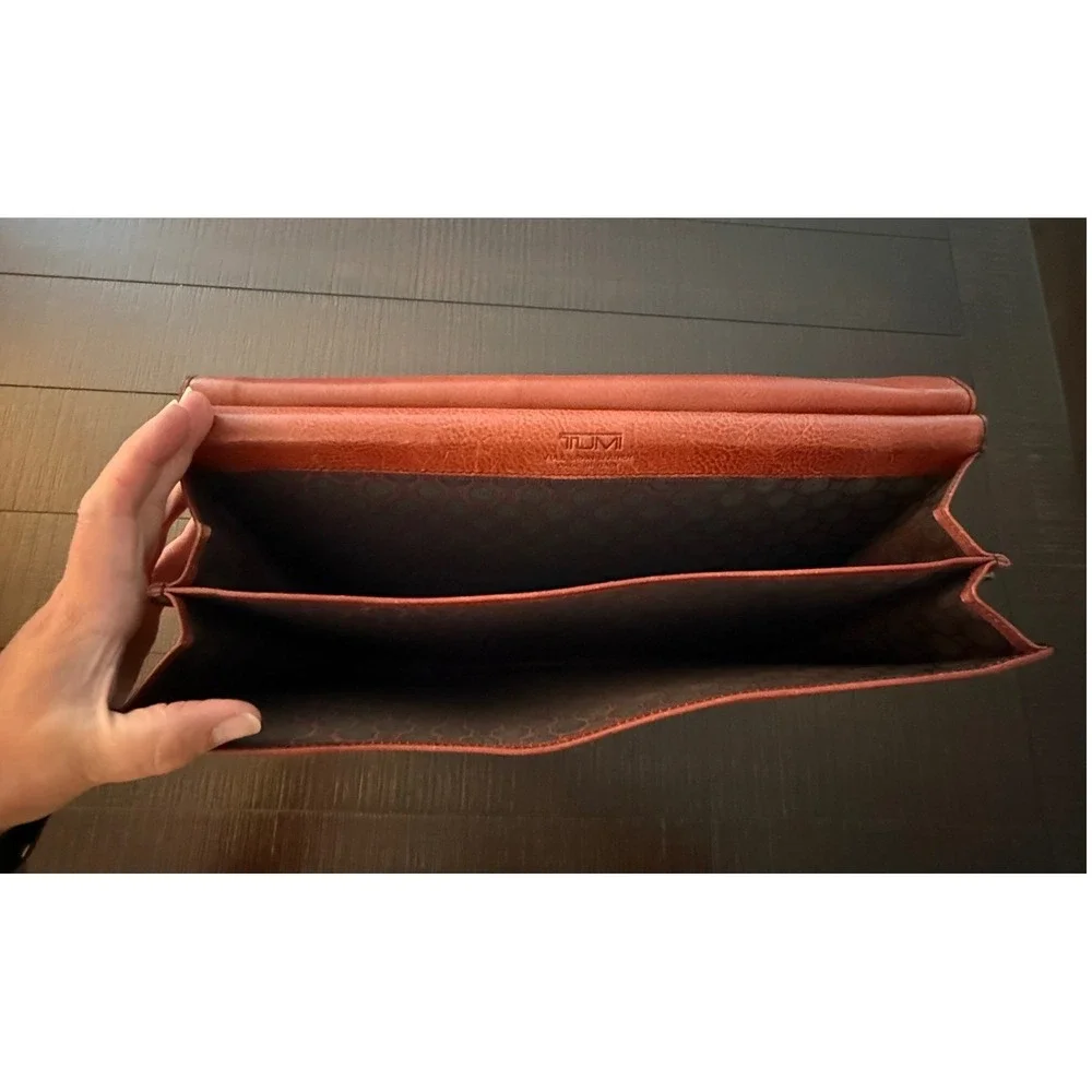 Vintage Tumi Dowel-Style Flap Briefcase Chestnut Brown Italian Leather Brass